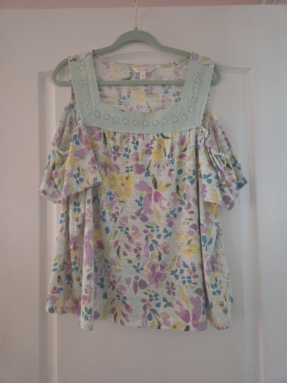 LC Lauren Conrad Pastel Floral Cold-Shoulder Top with Mint Trim